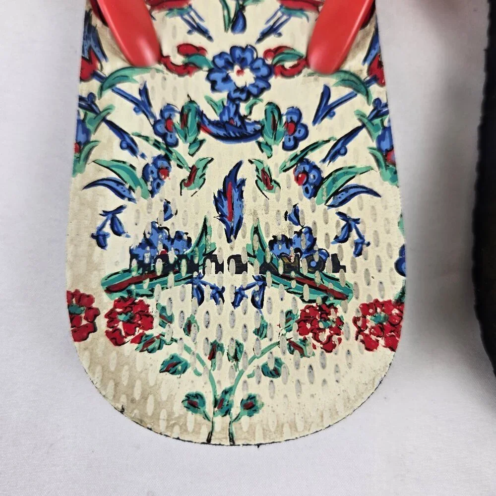 Tory Burch Size 8.5 Red Thong Flip Flop Sandals Floral Footbed Rubber